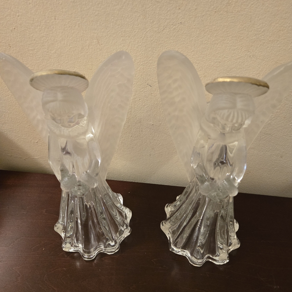 Vtg Lead Crystal Praying Angel Candleholder Frosted Wings & Gold Tone Trim Halo